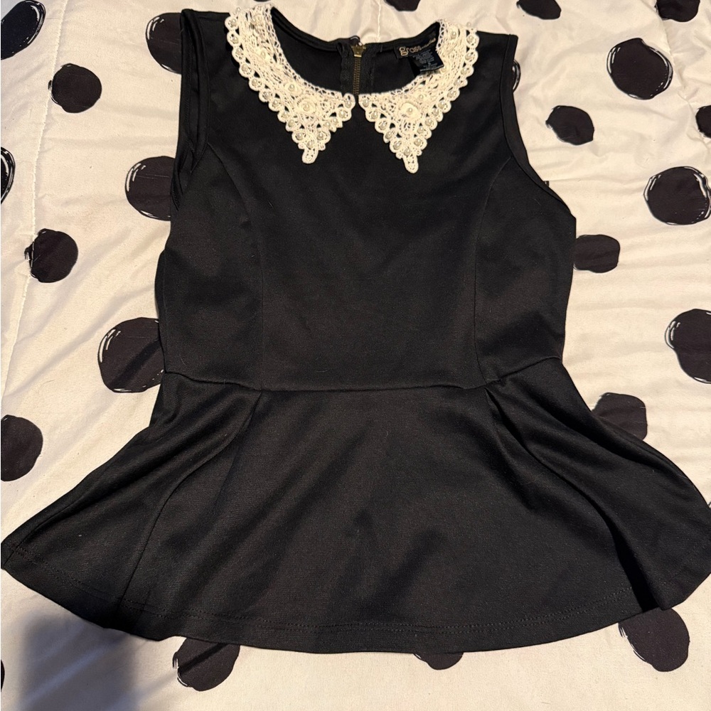 Grass Collection Black Top with White Lace and Pearl Detail Small